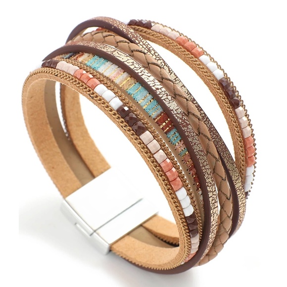 Boho Vegan Leather Multicolor Beads Magnetic Closure Bracelet - Picture 3 of 7